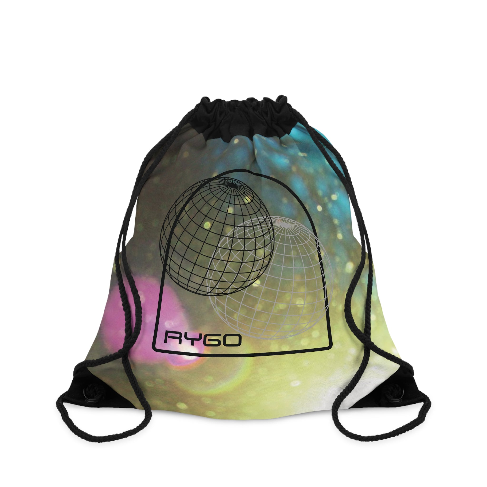 Cosmic Grid Drawstring Bag – Retro 3D Sphere Graphic